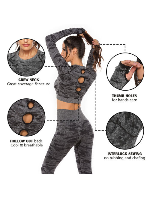 SEASUM Long Sleeve Yoga Tops for Women Seamless Yoga Crop Top Workout Running Activewear Gym Sports Shirts Camo Black S