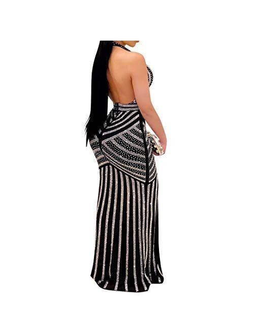 Women's Sexy Long Sleeve Rhinestone High Split Long Formal Party Maxi Dress Evening Gown