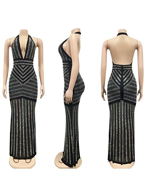 Women's Sexy Long Sleeve Rhinestone High Split Long Formal Party Maxi Dress Evening Gown