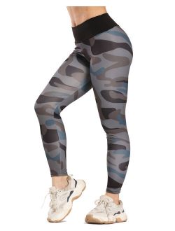 High Waist Yoga Pants For Women Printed Tummy Control Scrunch Butt Lift Yoga Leggings Athletic Workout Running Pants Camo Gray S
