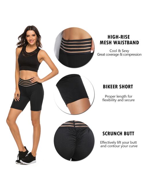 SEASUM High Waist Yoga Shorts For Women Biker Shorts Mesh Scrunch Butt Lift Yoga Shorts 4 Way Stretch Workout Running Pants Gym Athletic Shorts Black S
