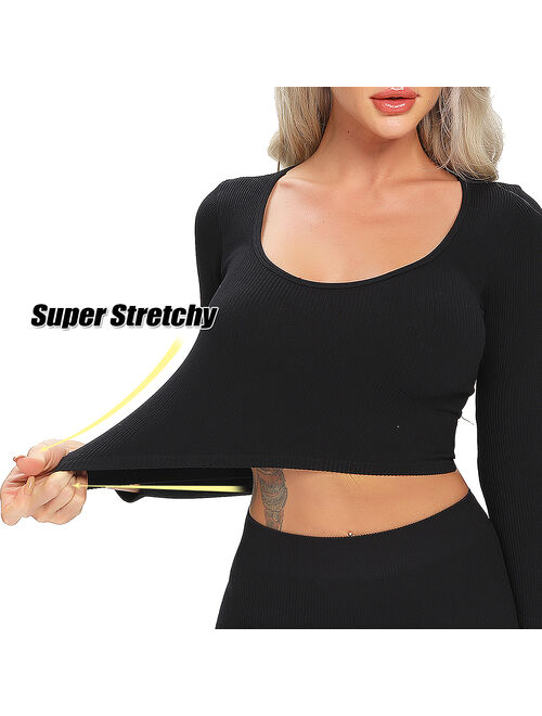 SEASUM Women's Long Sleeve Yoga Crop Tops Seamless 4 Way Stretch Workout Sports Shirts Gym Fitness Athletic Clothes Black S