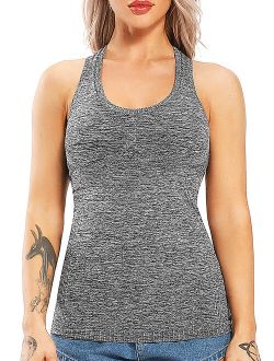 Women Yoga Tank Tops Seamless Workout Padded Racerback Activewear Yoga Shirts Athletic Vests Tops Gray S
