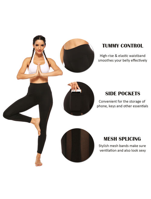 SEASUM Women's High Waist Yoga Leggings With Side Pockets Tummy Control Workout Running Pants Mesh Sports Tights Gym Fitness Athletic Pants Black S