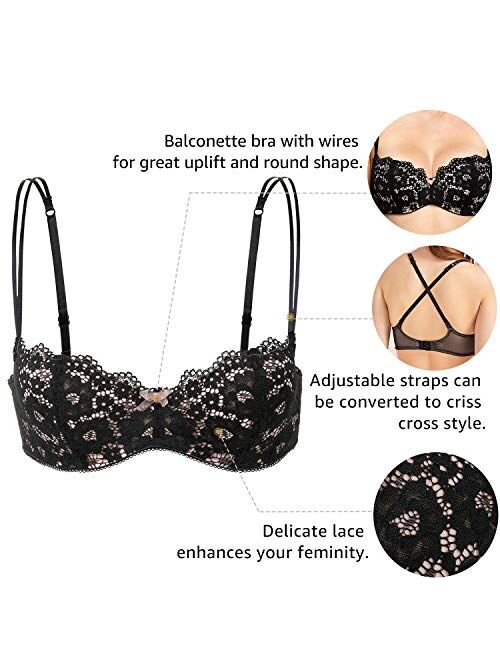 DOBREVA Women's Lace Balconette Bra Plus Size Padded Underwire Demi