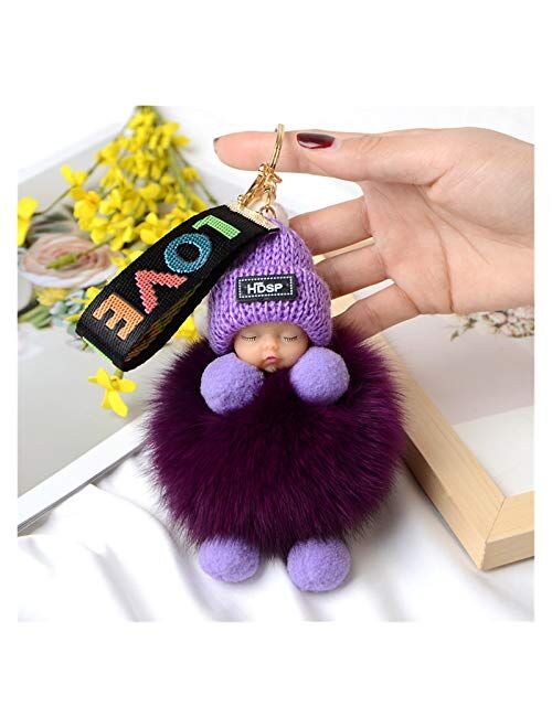 Fangzwl Keychain Pendant Pompom Sleeping Baby Keychain Cute Fluffy Plush Doll Keychains Women Girl Bags Keyrings Cars Key Ring Gift Charming Decoration (Color : 5)