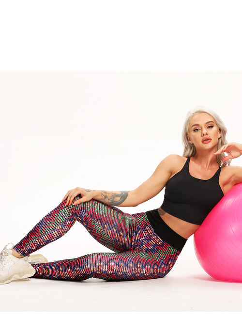 SEASUM Women's Stripe 3D Boho Printed Yoga Leggings Tummy Control Scrunch Butt Lift Workout Pants Gym Fitness Athletic Tights Red L