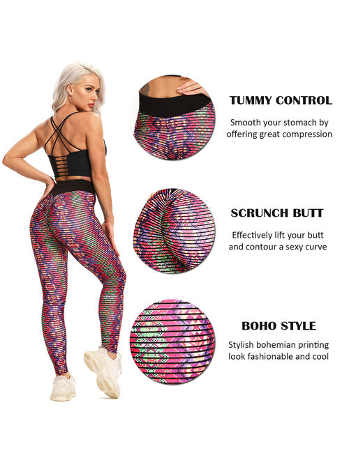 SEASUM Women's Stripe 3D Boho Printed Yoga Leggings Tummy Control Scrunch Butt Lift Workout Pants Gym Fitness Athletic Tights Red L