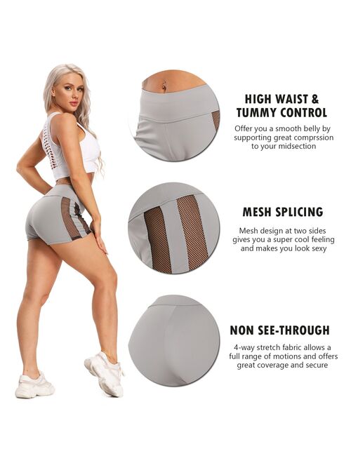 SEASUM High Waist Yoga Shorts For Women Tummy Control Running Workout Pants Mesh Sports Shorts 4 Way Stretch Gym Yoga Pants Gray M