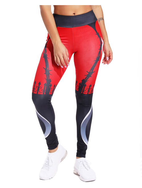 SEASUM High Waist Yoga Pants For Women Printed Tummy Control Workout Pants Gym Fitness Yoga Leggings Athletic Tights Red S