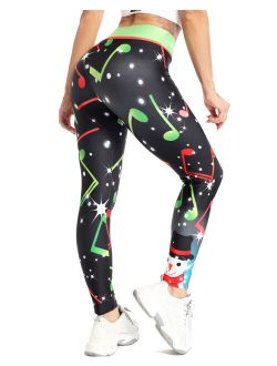 Women's Christmas Printed Yoga Leggings Tummy Control Workout Pants Gym Fitness Athletic Tights Black Note S
