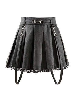 Women's A-Line Pleated Faux Leather Flared Casual Lace Trim Mini Skirts - Troublemaker
