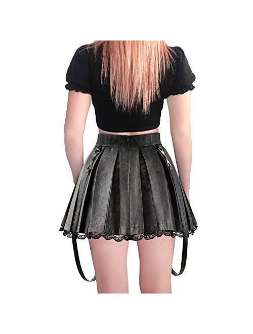 Littleforbig Women's A-Line Pleated Faux Leather Flared Casual Lace Trim Mini Skirts - Troublemaker