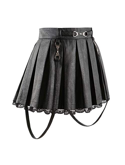 Littleforbig Women's A-Line Pleated Faux Leather Flared Casual Lace Trim Mini Skirts - Troublemaker