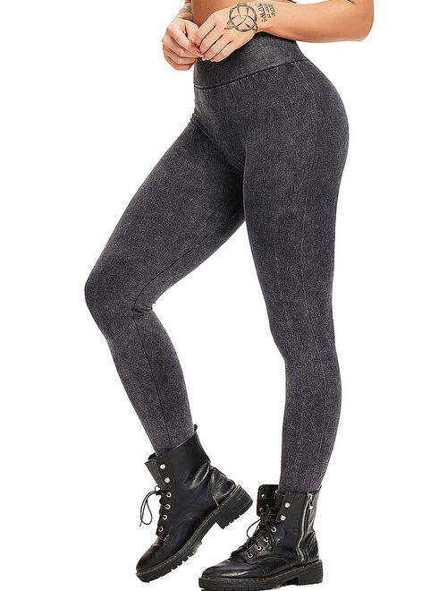 SEASUM Women High Waist Seamless Yoga Legging Washed Denim Jeggings Tummy Control Workout Pants Athletic Tights Black S