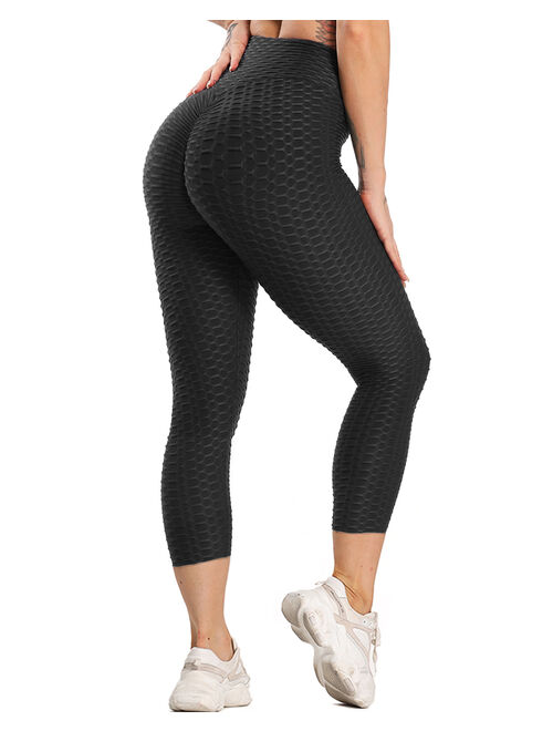 SEASUM Yoga Capris Leggings For Women High Waist Workout Pants Tummy Control Scrunch Butt Lift Yoga Tights Textured Running Sports Pants Black L