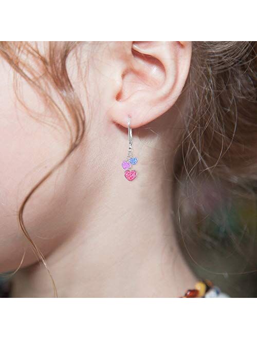 Kids Earrings - White Gold Tone Hearts Pink Crystal Earrings with Silver Leverbacks Baby, Girls, Children
