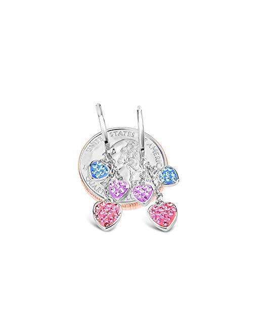Kids Earrings - White Gold Tone Hearts Pink Crystal Earrings with Silver Leverbacks Baby, Girls, Children