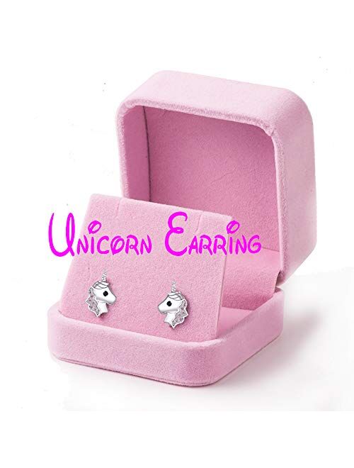 Unicorn Stud Earrings Hypoallergenic 925 Silver Light Pink Sparkling with Zircon for Little Girls Kids Jewelry Birthday Party