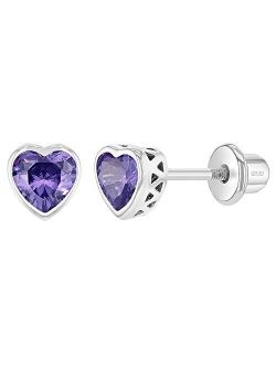 925 Sterling Silver 5mm CZ Simulated Birthstone Bezel Heart Girl's Earrings Toddler's Safety Screw Back Earrings for Little Girls - Great Gift Set for Birthdays, Baptisms