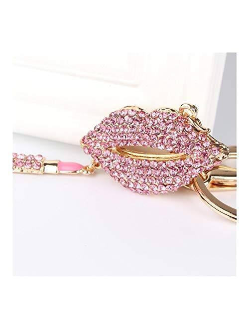 Keychains Pink Lip Lipstick Pendant Charm Rhinestone Crystal Purse Bag Keyring Key Chain Accessories Wedding Party Lover Gift (Color : Pink)