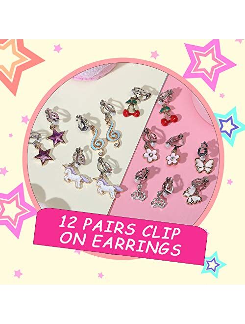 PinkSheep Clip On Earrings for Little Girls, Flamingo Earrings Butterfly Earrings for Kids, 12 Pairs, Best Gift (12 Classic)