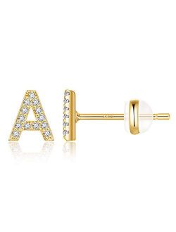 Initial Stud Earrings for Girls, S925 Sterling Silver Post Hypoallergenic 14K Gold Plated Letter Stud Earrings 26 Alphabet CZ Initial Earrings Jewelry Gifts for Kids Litt