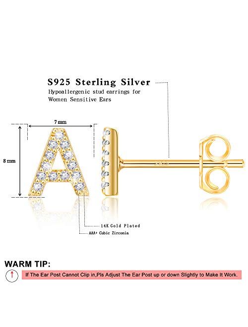 Initial Stud Earrings for Girls, S925 Sterling Silver Post Hypoallergenic 14K Gold Plated Letter Stud Earrings 26 Alphabet CZ Initial Earrings Jewelry Gifts for Kids Litt