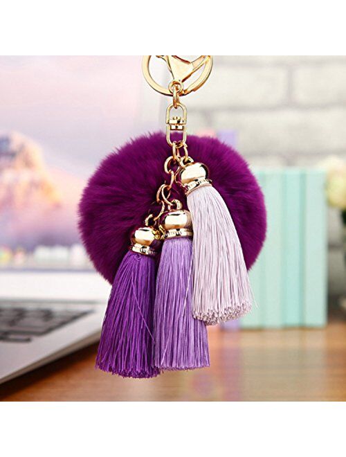 JOUDOO Rabbit Ball Keychain with Gradual Color Tassels Keyring GJ007