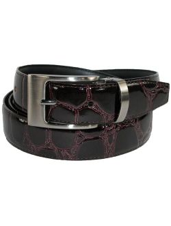 Size 54 Mens Big & Tall Leather Croc Print Dress Belt with Clamp On Buckle, Burgundy
