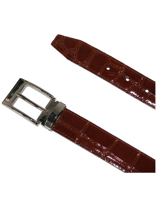 Size 54 Mens Big & Tall Leather Croc Print Dress Belt with Clamp On Buckle, Burgundy