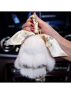 U So Shiny Cute Cartoon Rabbit Fur Diamond Crystal Silk Scarf Pom Pom Keychain Handbag Car Keyring Women Fluffy Mink Fur Key Pendant Car Buckle Charm, Pink