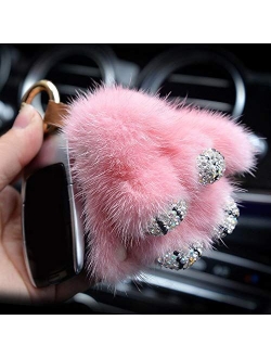 U So Shiny Cute Cartoon Rabbit Fur Diamond Crystal Silk Scarf Pom Pom Keychain Handbag Car Keyring Women Fluffy Mink Fur Key Pendant Car Buckle Charm, Pink