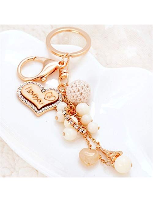 Creative Heart Keychains Fashion Key Chains Women Bag Charm Pendant Car Key Rings Holder Love Beads Keyrings Gifts (Color : Gold)