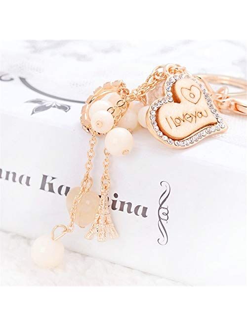 Creative Heart Keychains Fashion Key Chains Women Bag Charm Pendant Car Key Rings Holder Love Beads Keyrings Gifts (Color : Gold)