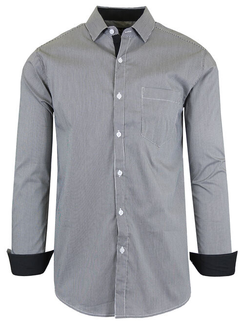 GBH Men's Long Sleeve Checkered & Pinstripe Slim-Fit Cotton-Stretch Dress Shirts