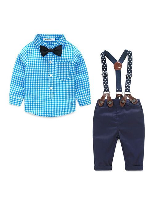 2PCS Kids Baby Boys Toddler Plaid Shirt+Suspender Pants Overalls Clothes Outfits
