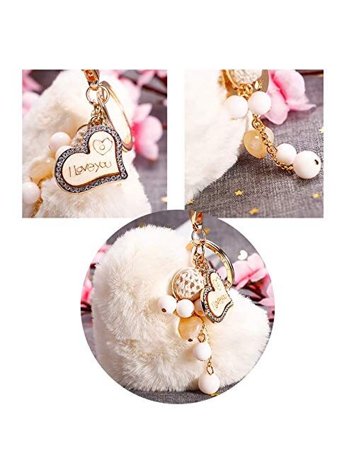 weichuang Cute Heart Pompom Keychain,Fluffy Flush Faux Rabbit Fur Key Chains