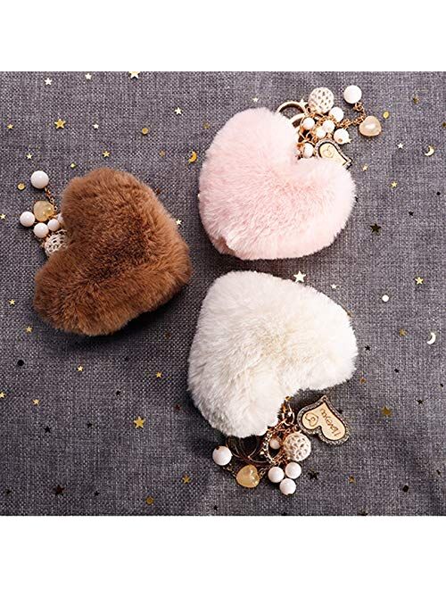 weichuang Cute Heart Pompom Keychain,Fluffy Flush Faux Rabbit Fur Key Chains