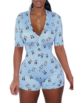 Women Nightwear Floral V-Neck Short Sleeve Jumpsuit Bodysuit Pajamas
