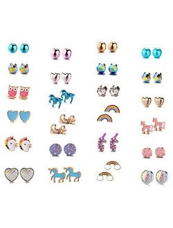 24/36/40 Pairs Hypoallergenic Girls Kids Stud Earring Set Unicorn Heart Mermaid Scales Rainbow Pearls Owl Rhinestone Cute Mixed Color Stainless Steel Stud Earring Nickel 