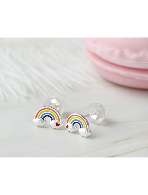 AUBE JEWELRY Hypoallergenic 925 Sterling Silver Colorful Rainbow Stud Earrings with Silicone Coated Push Backs for Girls and women