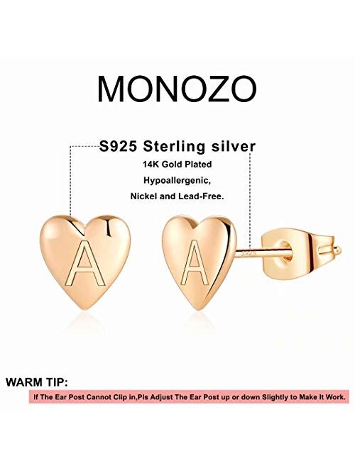 925 Sterling Silver Initial Stud Earrings for Girls Women, Hypoallergenic 14k Gold Plated Small Heart Earrings Dainty Sterling Silver Letter Initial Earrings Jewelry for 