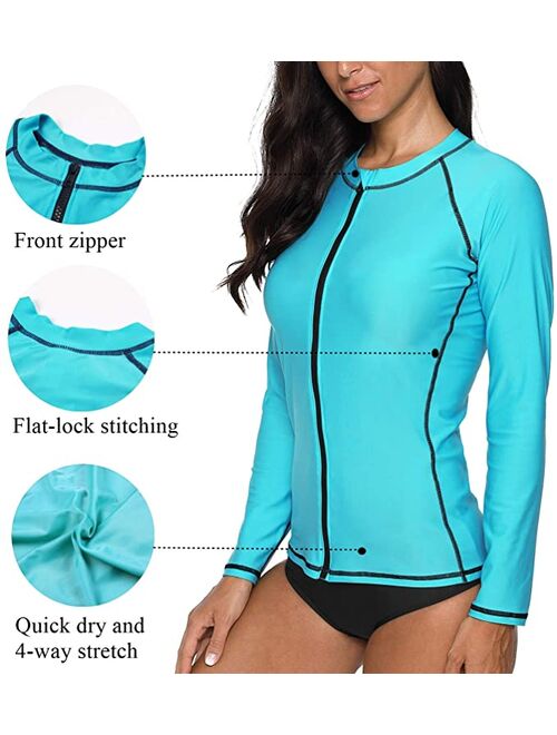 Charmo Rash Guard for Women Zip Front Long Sleeve Rashguard Top Sun Protection Swim Shirt