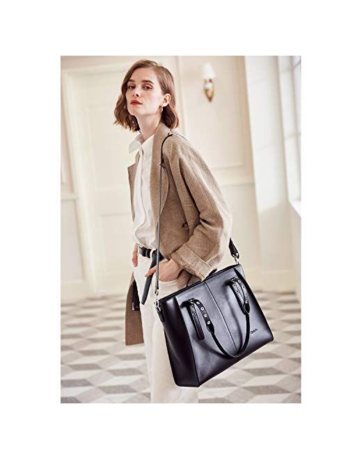 BOSTANTEN Women Briefcase Leather Laptop Shoulder Handbag 15.6 inch Tote Work Purses Cross-Body Bag Grey