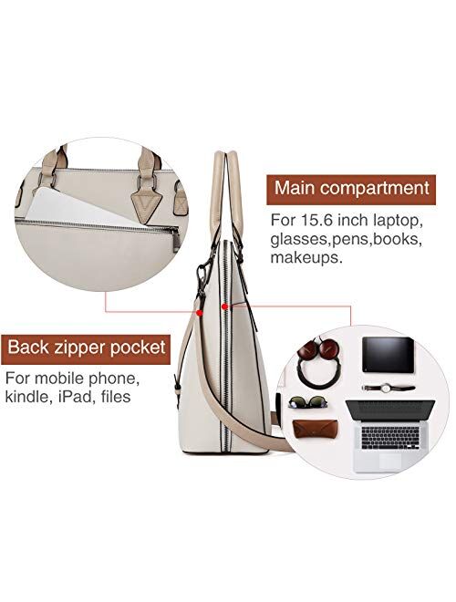 BOSTANTEN Briefcase for Women Leather 15.6 inch Laptop Shoulder Bags Office Work Crossbody Handbag Beige-White
