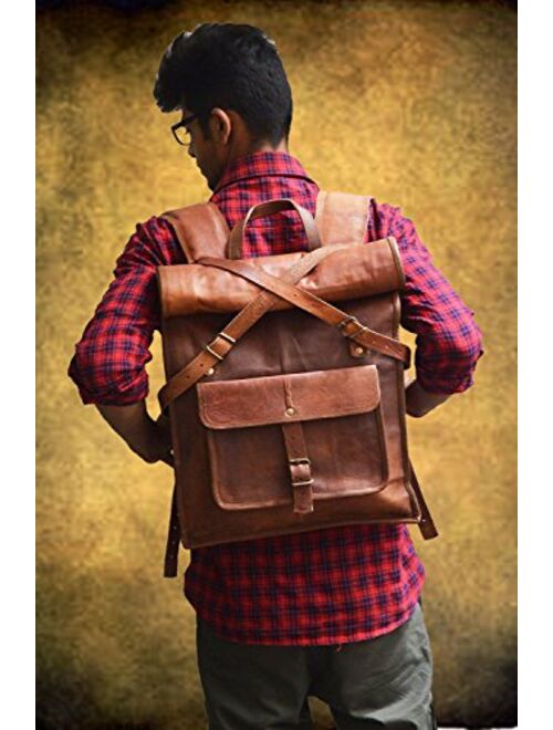 23" Brown Leather Backpack Vintage Rucksack Laptop Bag Water Resistant Roll Top College Bookbag Comfortable Lightweight Travel Hiking/picnic For Men