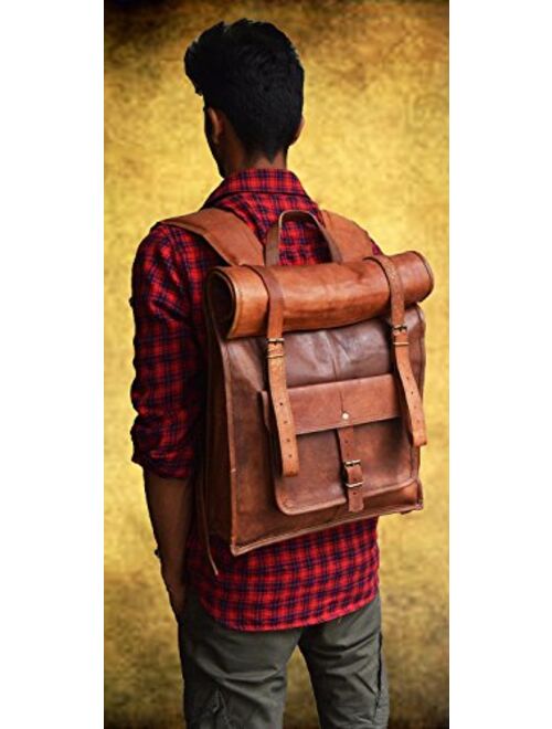 23" Brown Leather Backpack Vintage Rucksack Laptop Bag Water Resistant Roll Top College Bookbag Comfortable Lightweight Travel Hiking/picnic For Men