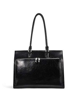 Leather Briefcase for Women Vintage 15.6 inch Laptop Bag Business Tote Shoulder Handbag Black