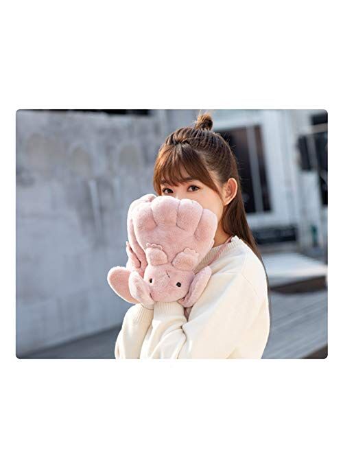 CAILIN Winter Gloves Hanging Neck Cotton Gloves for Girls in Autumn and Winter Plus Velvet Thickening to Keep Warm Plush Cartoon Cute Animal Warm Gloves (Color : Gray)